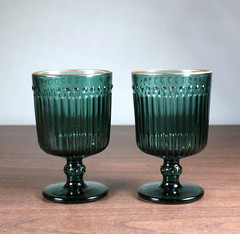 1970s Teal Green Goblet Ribbed Retro Footed Glass Gold Rim Mid Century Modern