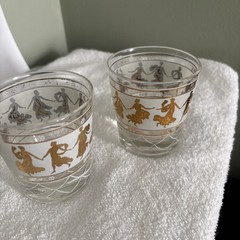MCM Old Fashioned Glasses Set Of 2 Dancing Romans/Greeks Gold 3 1/4 Inches Tall