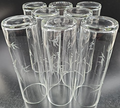 8) Bamboo Tom Collins Set Vintage Clear Cut Etch Highball Cocktail Glass Bar Lot