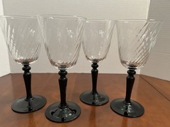Four (4) Arcoroc Luminarc France Black Stem Octime Wine Goblets 7” Pristine Cond