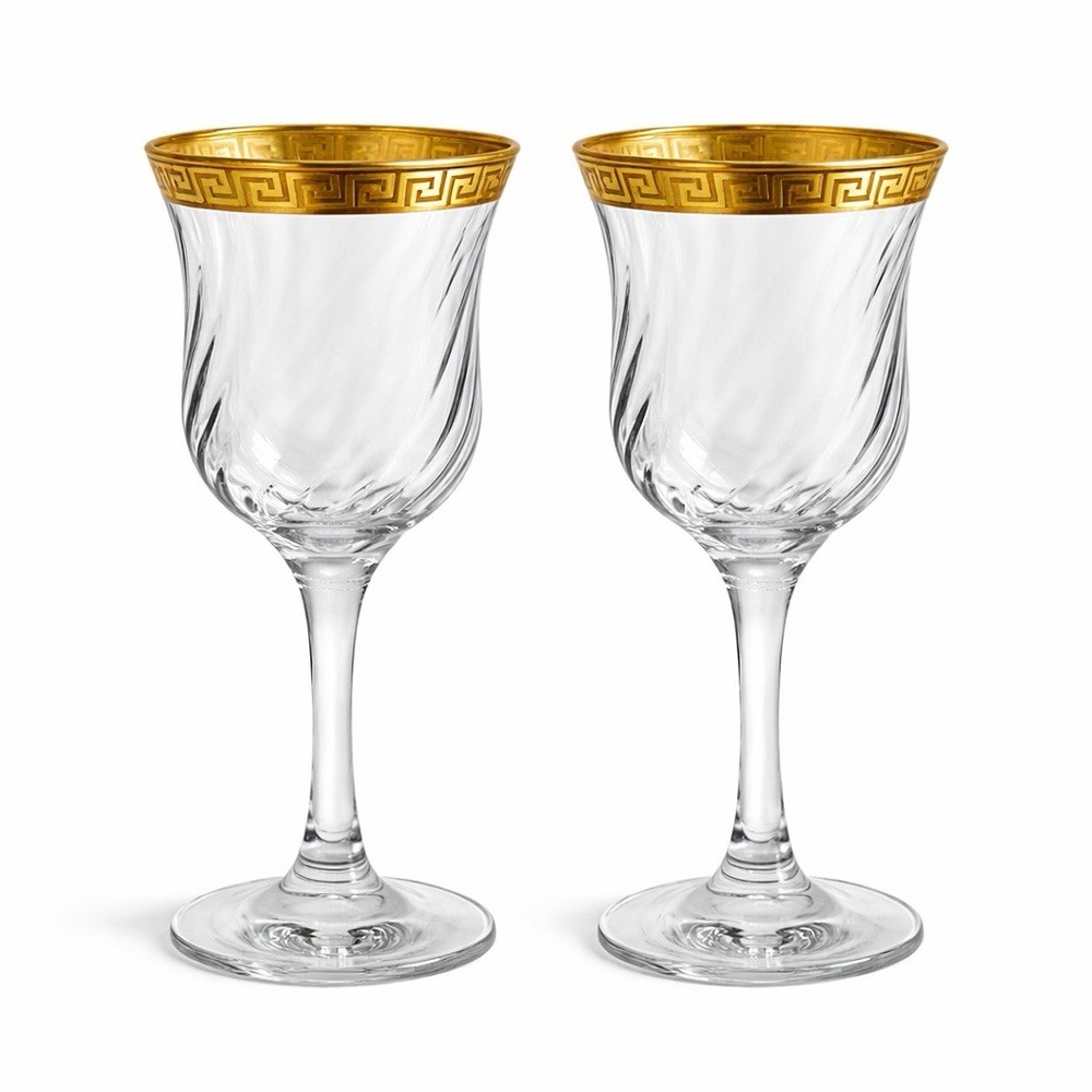 Vintage Gold Greek Key Wine Glasses Set of 2 Optic Swirl Bowl Elegant Barware