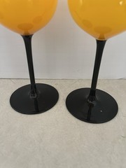 Hand Blown Glass Stemmed Wine Goblets Yellow And Black Modern 6.25”x3” Set Of 2