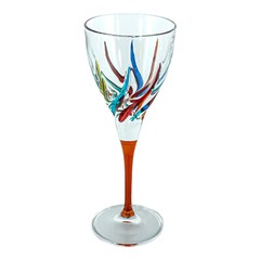 Pair of Murano Wine Glass Hand Painted Multi Orange Stem Venice Italy