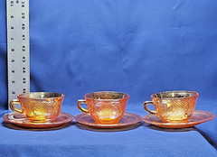 Set of 3 Federal Marigold Iridescent Depression Glass Normandie Cups And Saucer