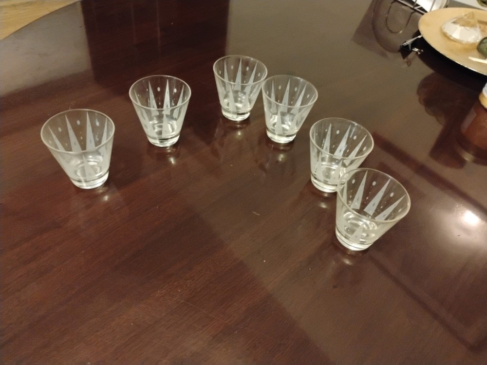 6 Golden Peaks Atomic Arrows Whiskey Lowball Glasses VTG MCM