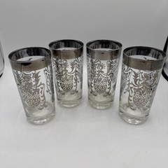 Vintage Silver Overlay Clear Tumblers Set 4 Queen’s Kimiko Style Barware 5.5”