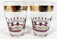 2 GAY FAD Cocktail Glasses Gold Band Grape Leaf Purple Floral Vtg MCM Bar RARE