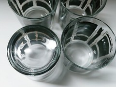 (4) Vintage MCM Cocktail Glasses Tumblers Clear Black Gold Abstract Geometric