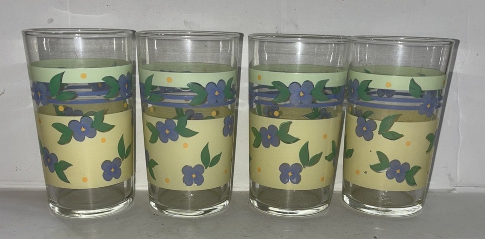 4 Pfaltzgraff Summer Breeze 9Oz Tumblers Glasses Set Blue Flowers Yellow Green