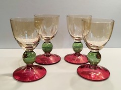Vtg Krosno Poland Iridescent Tri-Color Ball Stem Goblets Handmade ~ Set of (4)