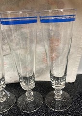 Retro Style Glasses 2 Blue Bands & Footed Base 8″ Tall Pilsner Barware Set of 4