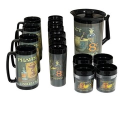 Vintage 70s Thermo Serv Pharmacy Postage Stamp Drinkware Set Pitcher Mugs & Tumb