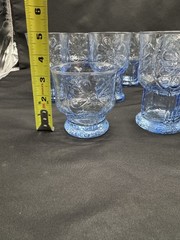 Pilgrim Glass ADAMS Set 8 RARE Vtg Aqua Blue FOOTED TUMBLERS Raised Shell