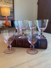(6) Vintage MCM Pink 4oz Glasses Bar Ware Drinking Liquor Ball Stem Cocktail