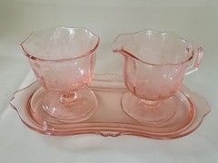 Rare Imperial Pink Depression Glass Etched Bel Aire CREAMER & SUGAR SET W/ TRAY