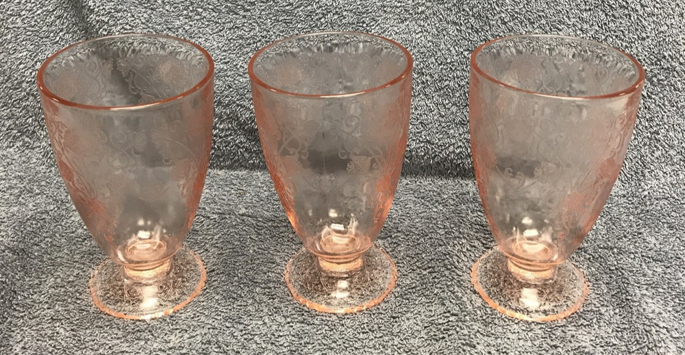3 Pink Hazel Atlas 4.75 Inch Footed Tumblers Florentine Pattern Depression Glass