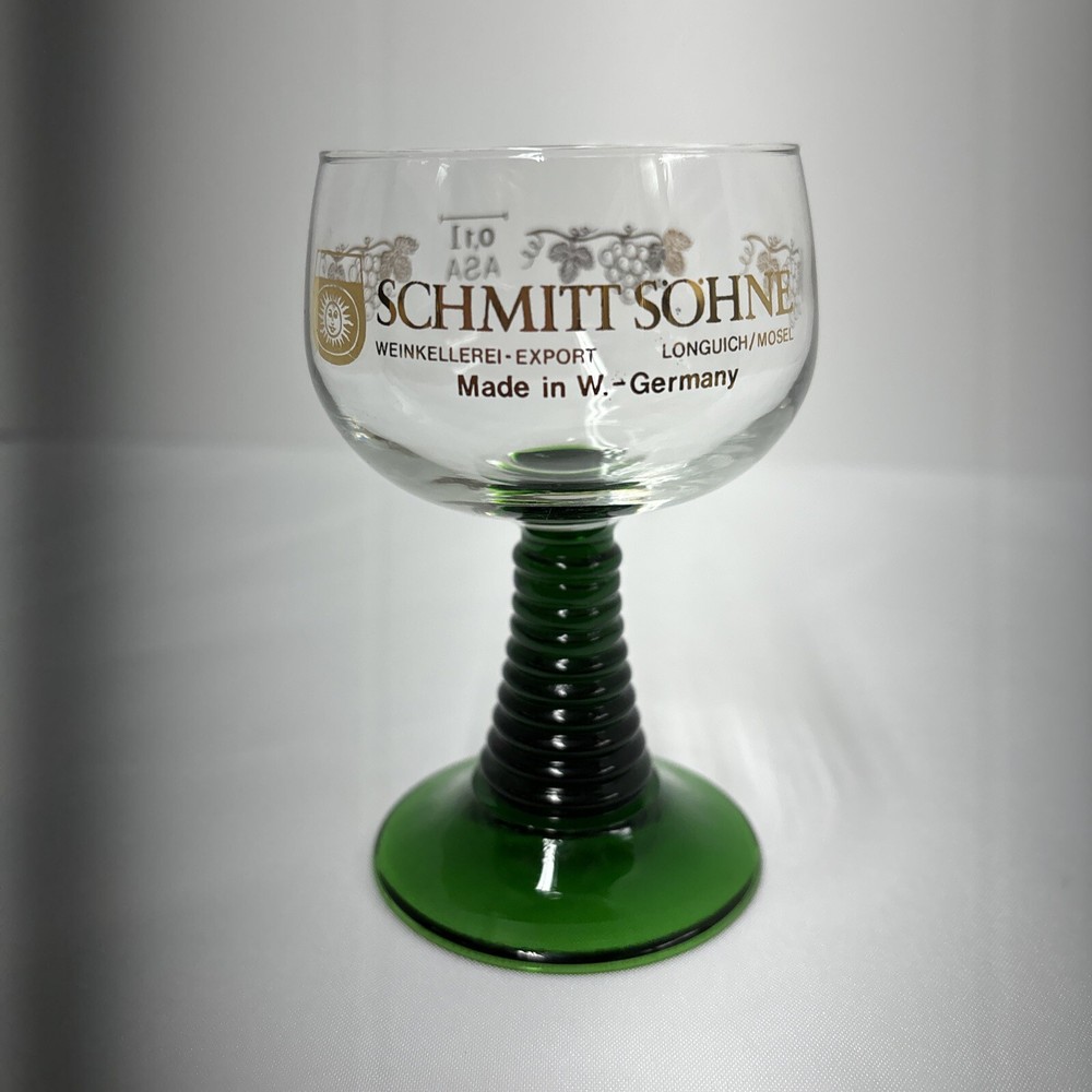 Vtg Schmitt Sohne Wine Glass Grape Vines Beehive Green Stem W Germany 0.1 L
