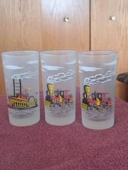 Libbey Frosted Cocktail Tea Glasses Early Transportation Theme Vintage Set Of 6