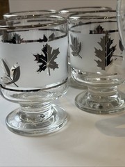 Atomic Era MCM Silver Leaf Frosted Glass Pitcher +4 Goblets VTG Cocktail Bar Set