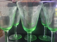 Green Depression Uranium Glass Cut Floral & Band #UNK458G Set of 6