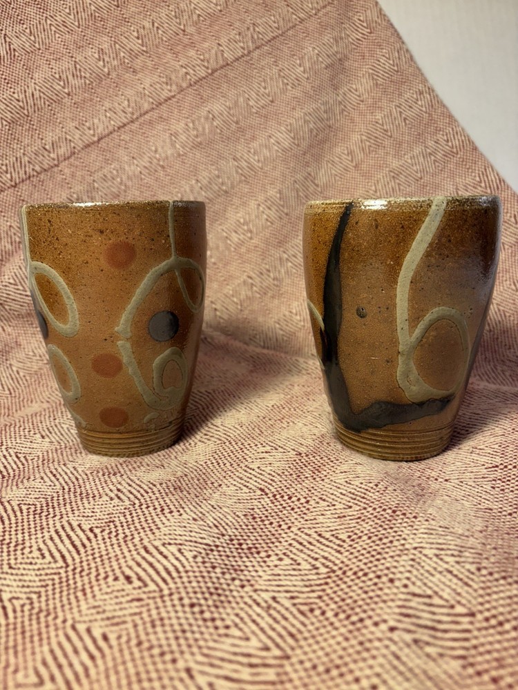 Mark Hewitt Pottery Studio pair of TUMBLERS-glazed-pattern/, WMH P stamp.