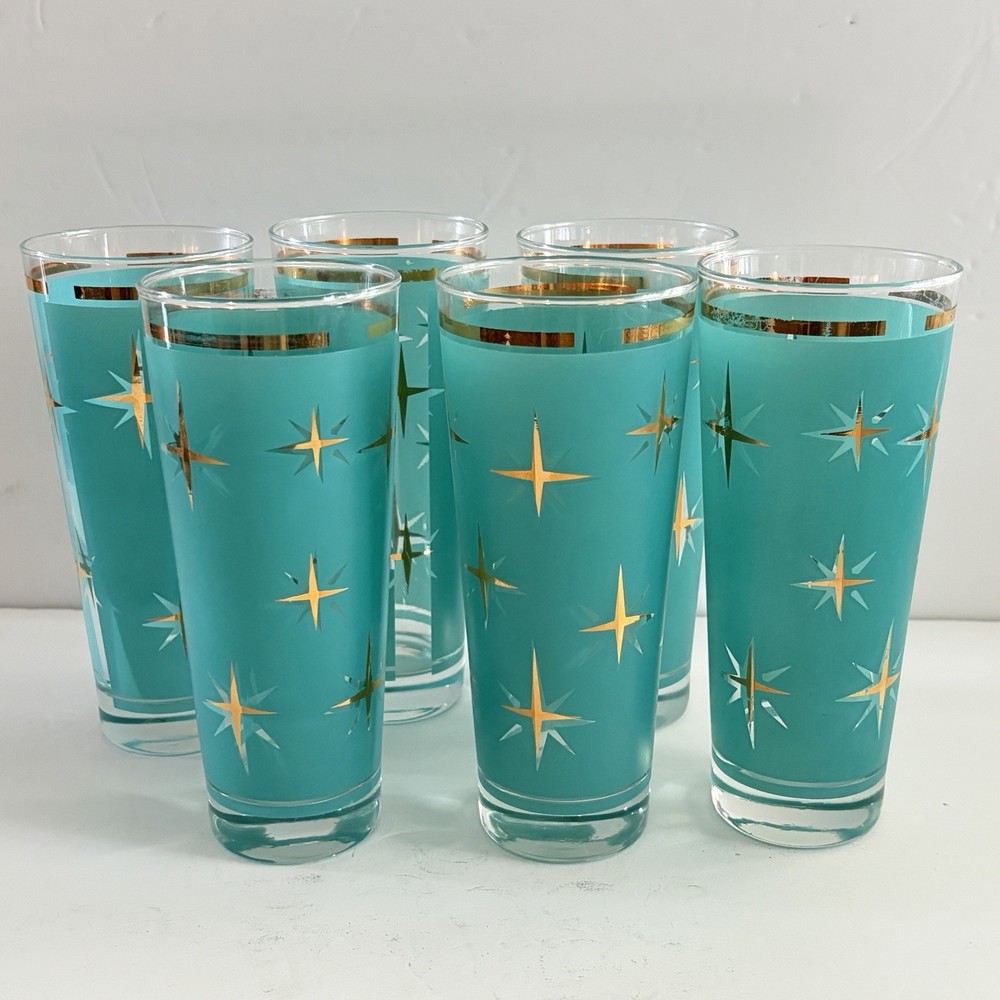6 Bartlett Collins Atomic North Star Tall Tumblers Highball Glasses Starburst