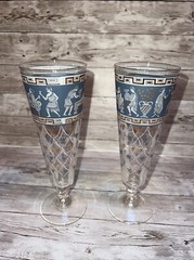 Vintage Greek Scene Etruscan Frieze Glasses by Cera Blue & Gold & White Set of 2