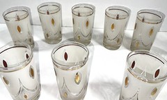 VTG Libbey MCM Hollywood Regency Highball Frosted GoldLeaf Glasses Caddy Holder