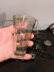 Mid Century Modern Set Of 8 Four Oz Cutting Chai Glasses & Metal Wire Caddy Wood