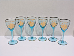 Vintage Hungry Romanian Blue Cordial Glasses Gold Roses Wine 4oz Glass Set of 6