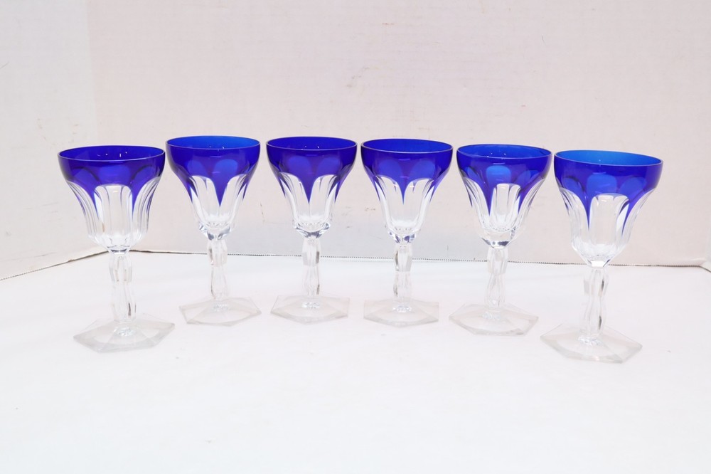 SET 6 BOHEMIAN CZECH CUT TO CLEAR CRYSTAL 5.5″ WINE GLASS GOBLETS Cobalt BLUE