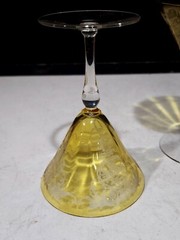 SET OF 2- RARE TIFFIN ARCADIAN TOPAZ YELLOW ETCHED BASKET 5 5/8″ WINE GLASSES