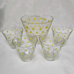 Vintage Yellow Polka Dots Ice Bucket and Four Lowball Glasses