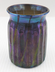 Elaine Hyde Iridescent Art Glass Tumbler Vase Ribbed Pattern Signed 1986