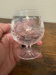 SET(3) VTG Crystal Floral & Criss Cross Etched Brandy Glass 3 7/8″H