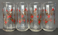 Vintage MCM Rose and Vine Pattern Drinking Glass Set of 4 14oz