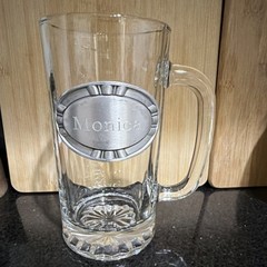 Clear Glass Beer Mug with Silver Metal ‘Monica’ Nameplate, Round, 16cm