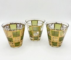 3 Vtg 1960’s MCM Culver Prado Green 22kt Gold Trim Low Ball Whiskey Glasses