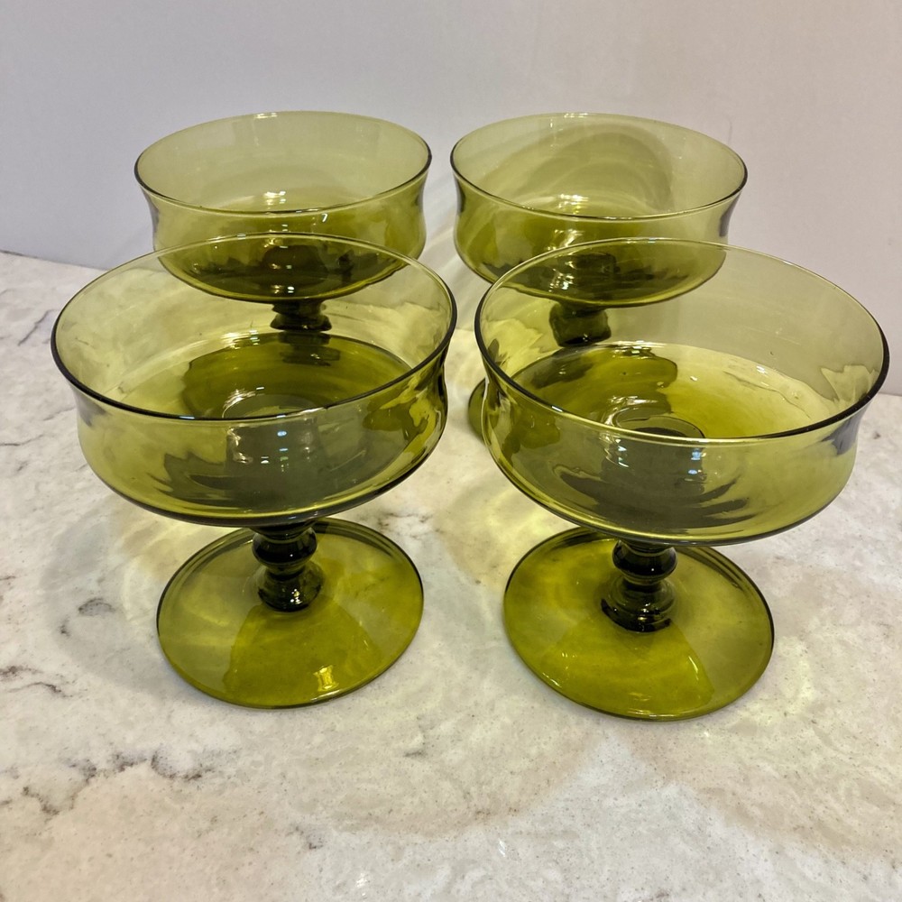 MCM Colony Glass “Richmond Green” 4 Champagne/Sherbet Glasses Hand-Blown Italy