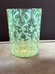 VICTORIAN NORTHWOOD VASELINE OPALESCENT GLASS SPANISH LACE TUMBLER 1890’S