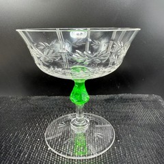 Vintage Uranium Glass Etched Laurel Leaf Champagne Coupes Vaseline Stem Cups Set