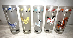 Libby Carousel Circus Animal Tom Collins High Ball Glasses Frosted 7” set of (5)