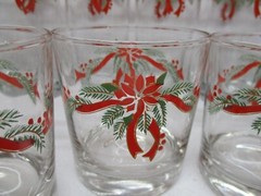 Vtg Anchor Hocking Poinsettia & Ribbons 7 Iced Tea Glasses- 8 Rocks Glasses 15pc