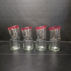 Set 4 Hand Blown Art Glass Tumblers Red Rim Twisted 7” Drinking Glass