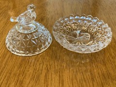 Vintage Crystal Miniature Bird Trinket Ring Box Jewelry Dish Round Lid Footed