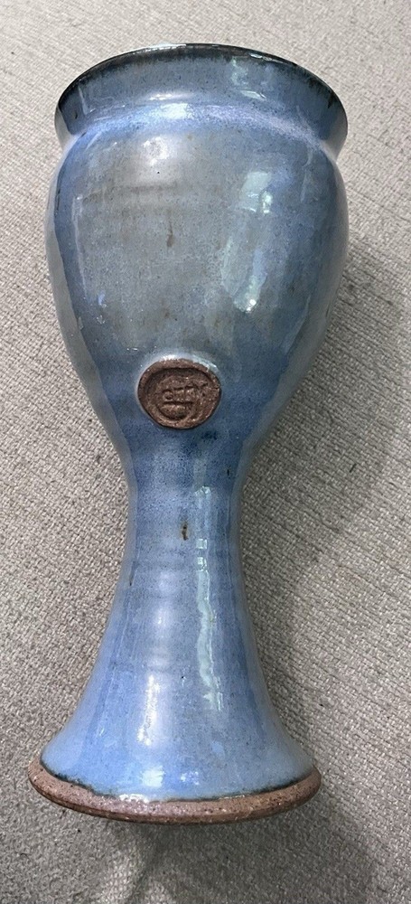 Garry Studio Art Pottery Blue Glazed Chalice Goblet Handmade Cup 7.5 Inches