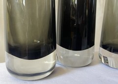 4 VINTAGE MCM 1960’S KAJ FRANCK FINNISH DESIGN HEAVY TALL GLASSES, SMOKEY GREEN