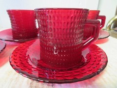 Ruby Red Hobnail Bumpy Texture Heavy Glass Cups and Saucers 4 Sets