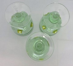Set Of 3 Green Seeded Bubble Glass Goblets With Lemon Slices & Clear Ball Stem