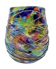 Signed Kyle Gribskov Hand Blown Art Stemless Wine Glass Rainbow Threaded 4.5”